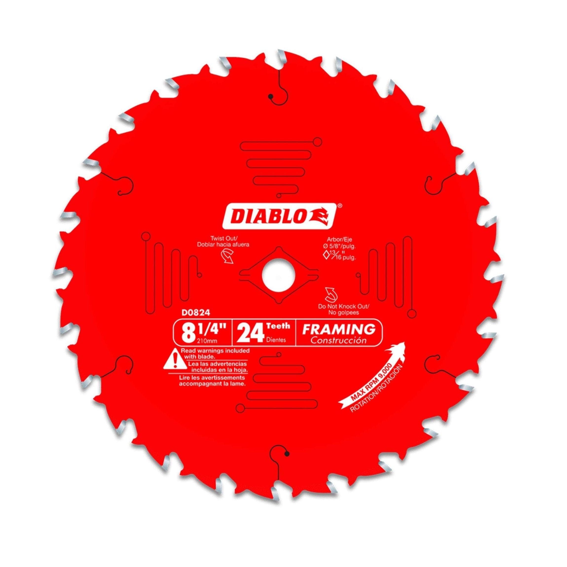 The Diablo D0824X is an 8-1/4-inch circular saw blade with 24 teeth and high-performance carbide, ideal for framing. It features a non-stick coating to enhance durability and speed, with no knock-out.